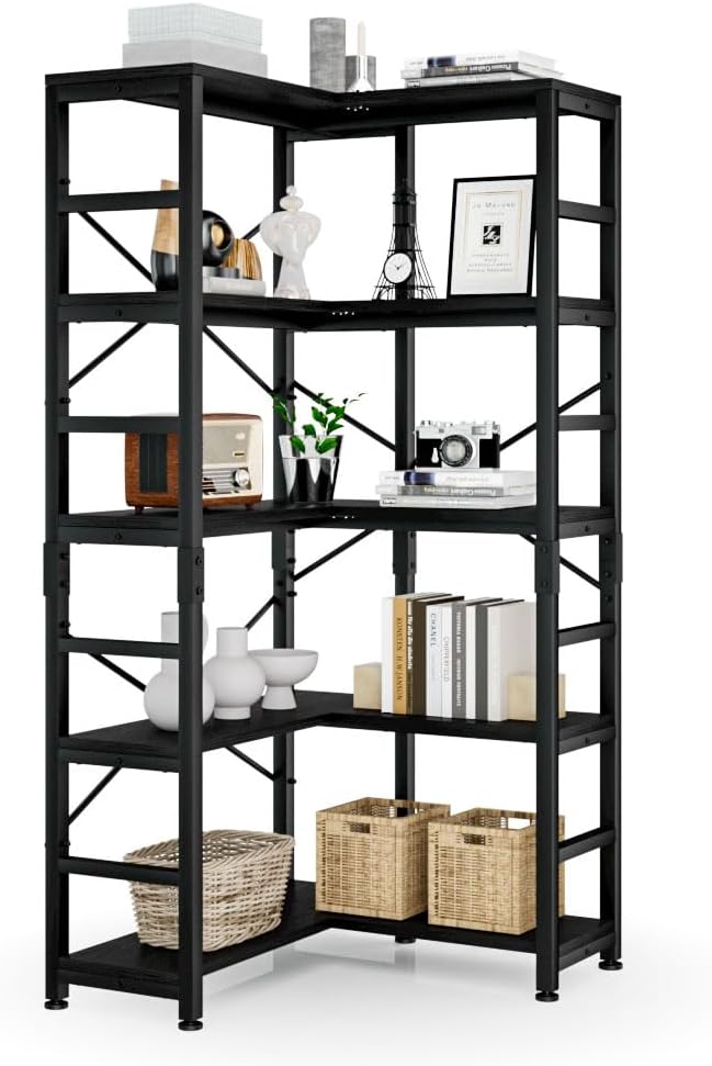 NUMENN 5 Tier Corner Bookshelf, Modern Corner Bookcase, Large Open Shelf Bookcase, Tall Bookshelves Storage Display Rack for Bedroom, Living Room and Home Office, Black