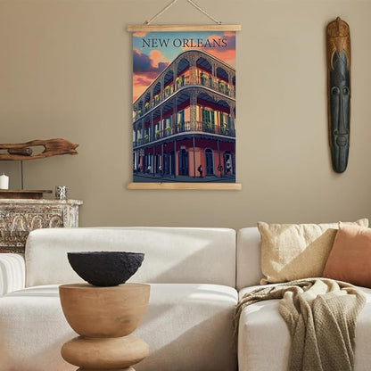 WREVERW Vintage New Orleans Poster Canvas Print with Wooden Hanger Frame, Featuring French Quarter Architecture and Iconic Iron Balconies, Wall Art for Home and Office Decor, 16x23 inches