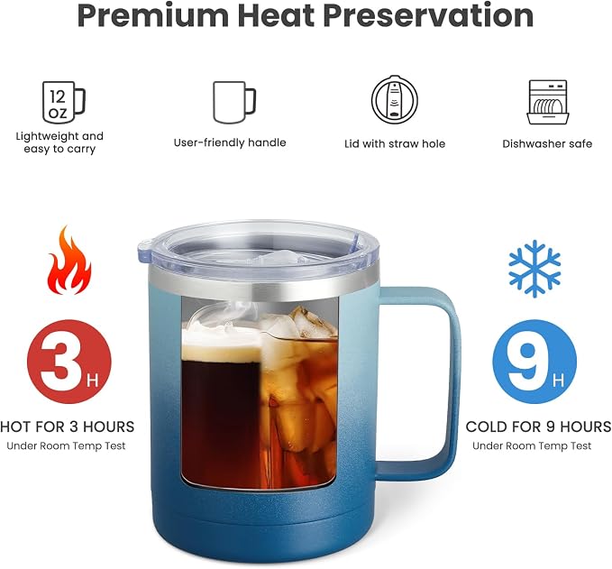 MEWAY 12oz Coffee Mug With Handle 2 Pack Bulk,Stainless Steel Insulated Travel Tumblers With Sliding Lid,Double Wall Vacuum Camping Cup for Hot & Cold Drinks Tea (Bubble Gum&Blue Waves,Set of 2)