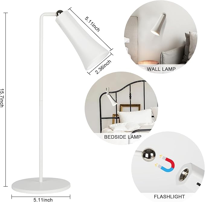 LED Desk Lamp, Cordless Rechargeable Table Lamp with 3 Brightness Levels, Dimmable, Removable Touch Lamp for Reading Bedroom Home Office Study(white)