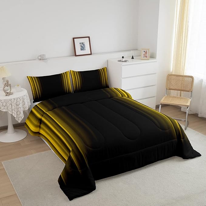 Geometric Abstract Ombre Bedding Bed Set Men Adults Teens Yellow and Black Striped Comforter Set Kids Boys Girls Simple Modern Comforter Inner Fill Bedroom Collection 3Pcs Queen Size