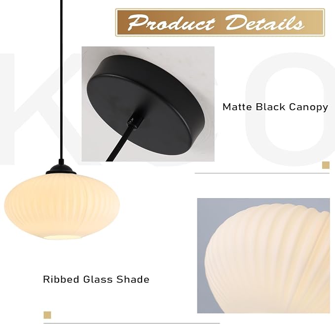 KCO Lighting Matte Black Lantern Pendant Light with 9.8” White Ribbed Glass | Adjustable Cord E26 Hardwired Mid Century Modern Farmhouse Hanging Light for Kitchen Island Dining Living Room Bar Bedroom