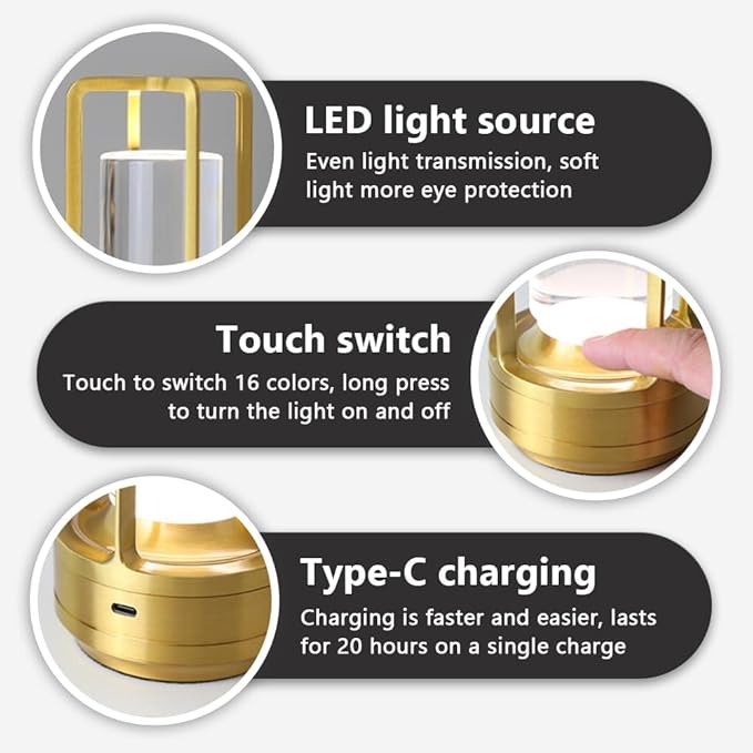 Portable Metal Desk Lamp,Cordless LED Table Lamp,Touch Control Rechargeable Lamp,3-Levels Brightness Room Decor Desk Lamp,Bedside Lamp,Night Light (Light Gold)