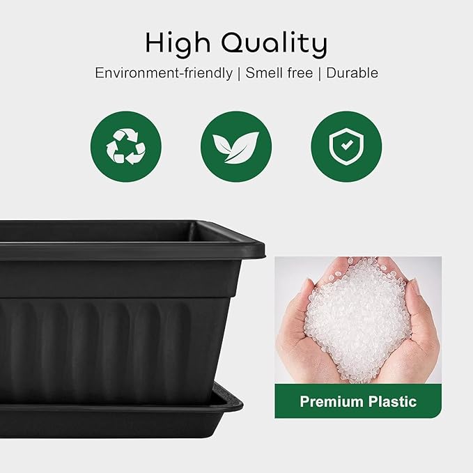 GROWNEER 3 Packs 17 Inches Black Flower Window Box Plastic Vegetable Planters Long Pots with 15 Pcs Plant Labels for Outdoor Indoor Windowsill Patio Garden Home Decor Porch