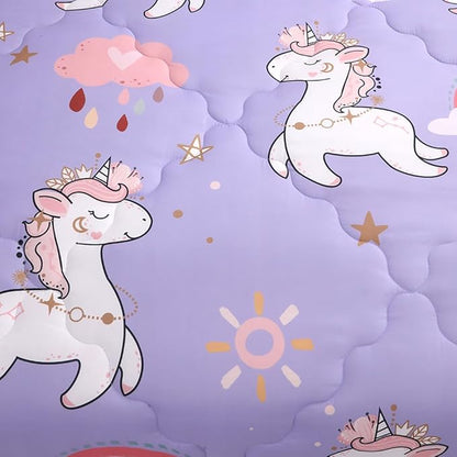 Wajade Kids Purple Unicorn Comforter Set Bed in A Bag Twin Size 7 Piece Cute Unicorn Rainbow Clouds Bedding Set for Girls (1 Comforter, 1 Flat Sheet, 1 Fitted Sheet, 2 Pillowcase and 2 Pillow Sham)