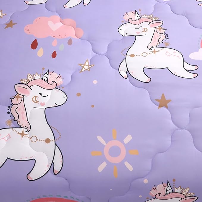 Wajade Kids Purple Unicorn Comforter Set Bed in A Bag Full Size 7 Piece Cute Unicorn Rainbow Clouds Bedding Set for Girls (1 Comforter, 1 Flat Sheet, 1 Fitted Sheet, 2 Pillowcase and 2 Pillow Sham)