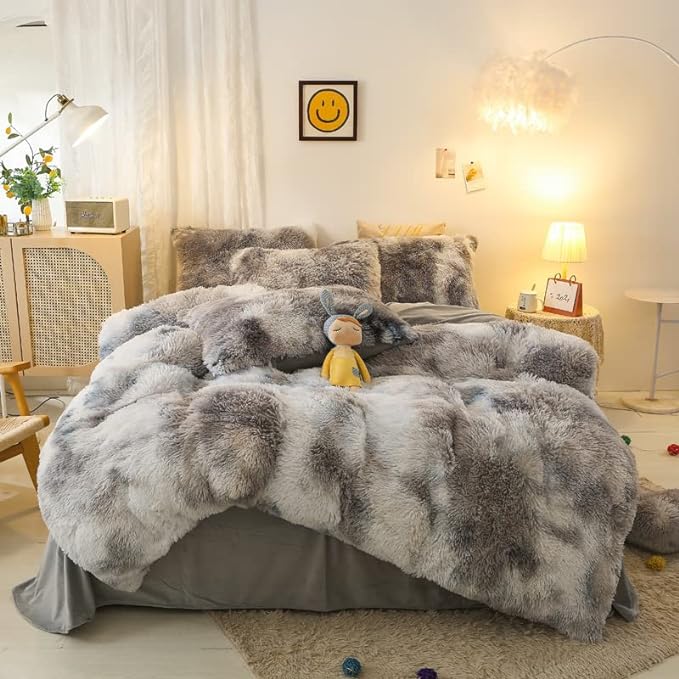 Faux Fur Kids Girls TD Black Comforter Sets Twin/Full - 3PC Bed Set Warm Comfortable Soft Plush Flannel Velvet Fluffy Fuzzy Bedding（Comforter x 1 Pillowcases x 2）
