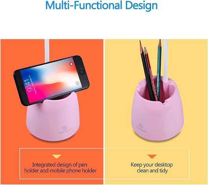 Small Desk Lamp, Kids Desk Lamp with Pen Holder & Mobile Phone Stand, 3 Lighting Modes for Reading Kids Dorm& Mobile Phone Stand for Reading Dorm Home Office(Pink)