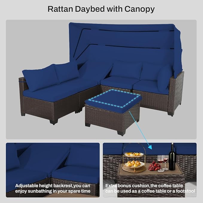 6 PCS Outdoor Patio Furniture Set,Sectional Sofa Set,Rattan Daybed with Retractable Canopy,Adjustable Backrest,Storage Coffee Table,Chaise Chair Sunbed for Garden Poolside Backyard(Dark Blue)