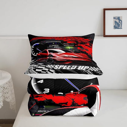 Feelyou Kids Boys Girls Red Race Car Comforter Set Twin Size, Sports Car Comforter Comforter Set for Teens Toddler Race Car Bedding Set Racing car Duvet Set Bed Set Room Decor Bedding Collection