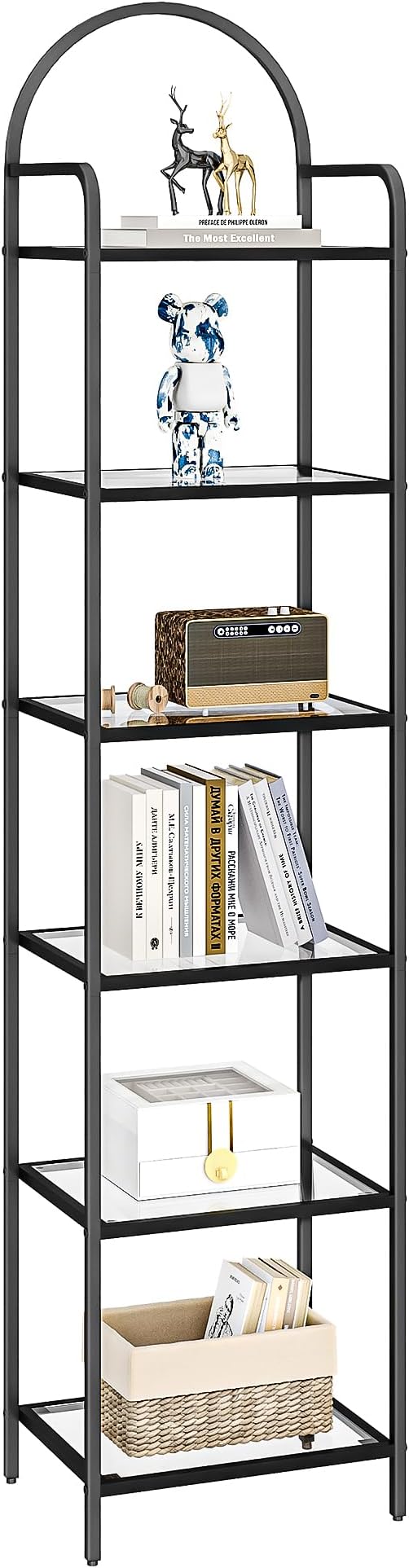 Bookcase Bookshelf, Tempered Glass Bookshelves, Slim Shelving Unit for Bedroom, Bathroom, Home Office, Steel Frame, 6 Tier Black BC10601B