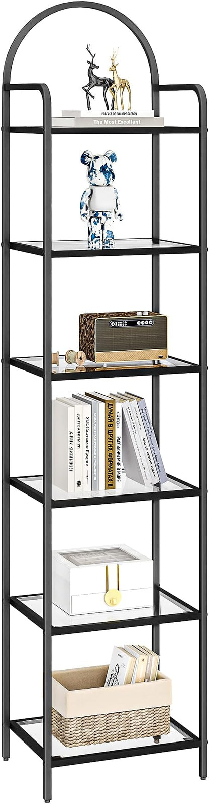 Bookcase Bookshelf, Tempered Glass Bookshelves, Slim Shelving Unit for Bedroom, Bathroom, Home Office, Steel Frame, 6 Tier Black BC10601B