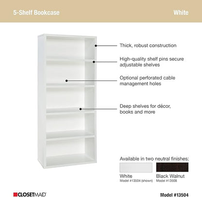 ClosetMaid Bookshelf with 5 Shelf Tiers, Adjustable Shelves, Tall Bookcase Sturdy Wood with Closed Back Panel, White Finish