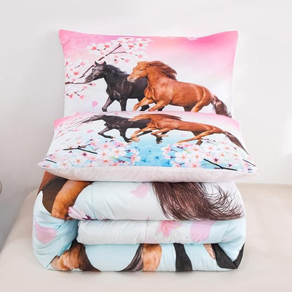 Feelyou Girls Horse Bedding Set Twin Size Galloping Horses Comforter Set for Kids Teens Cherry Blossom Comforter 3D Wild Animal Duvet Set Farmhouse Bedroom Decor Quilt Set 2Pcs