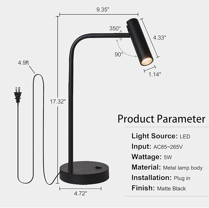 ZEROUNO Metal Desk Lamp, Eye-Caring Reading Table Lamp, Study Lamps with Flexible Adjustable Swing Arm, Table Lamp for Bedside Office Study Reading Work (Black)