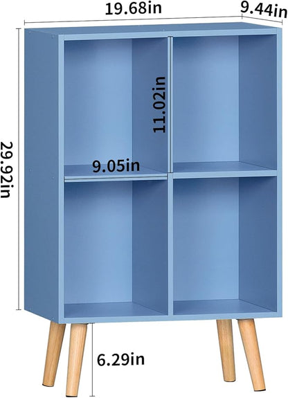 YAHARBO 4 Cube Bookshelf, Blue Small Kids Book Shelf with Cubby Storage,Wooden Modern Bookcase with Legs,2 Tier Freestanding Display Book Case Organizer,Bookshelves for Office,Nursery,Playroom