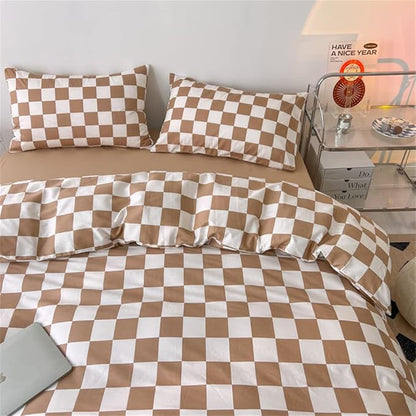 Wellboo Light Brown Plaid Comforter Sets Full Women Men Cream Coffee and White Checkerboard Grid Bedding Comforters Cotton Boys Girls Modern Light Taupe Checkered Geometric Quilts Luxury Abstract Bed