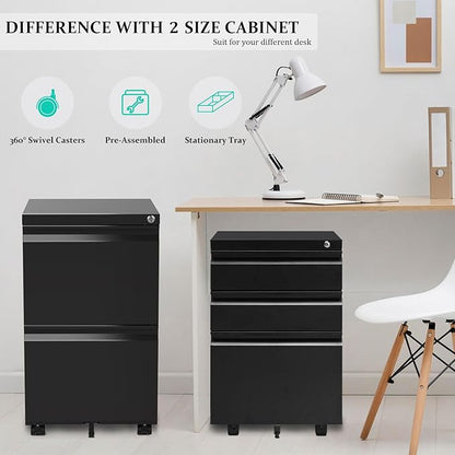 3-Drawer Mobile File Cabinets Rolling Metal Filing Cabinet for Legal & Letter File Anti-tilt Design with Lock Under Desk Office Drawers Fully Assembled Except Casters Black