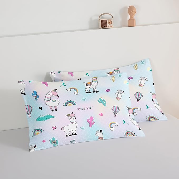 HOSIMA 3 Piece Cartoon Animal Llama Comforter,Cute Alpaca Toddler Comforter,Desert Cactus Plant Queen Comforter Set Set for Adults Kids,Fish Scales Comforter Rainbow Bedding Sets for Girls Boys.