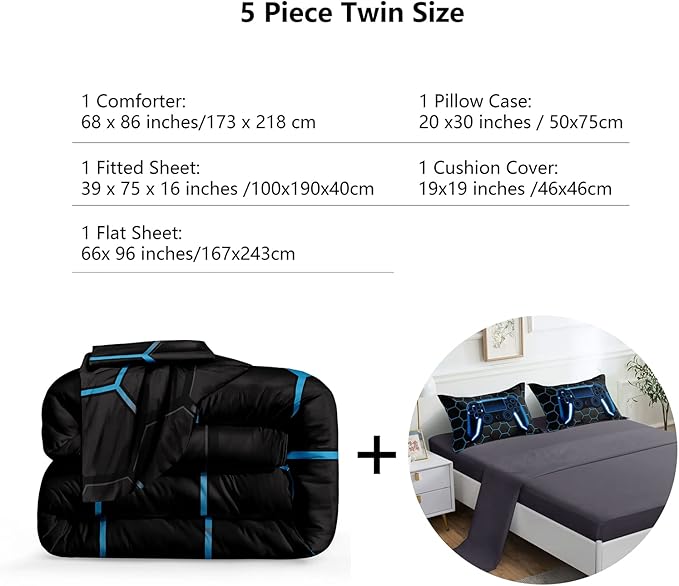 5 Pieces Gaming Bedding Set for Boys Gamer Comforter Set Twin Size,Game Controller Comforter for Boys Kids Teen 3D Gamepad Microfiber Bedding Sets 5 Pieces Bed in A Bag Sets-H50022,Twin