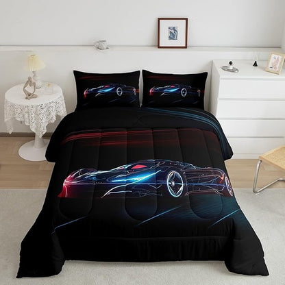 Feelyou Red Blue Race Car Bedding Set King Size for Kids Boys Extreme Sport Games Comforter Set Teens Toddler Fast and Furious Duvet Set Cool Modern Quilt Set 3Pcs