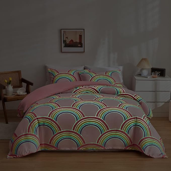 Feelyou Rainbow Glow in The Dark Comforter Set for Girls Kids Twin Pink Rainbow Bedding Set Super Soft Colorful Stripe Mermaid Scales Comforter Baby Girl Bedroom Pink Decor Bedding Quilted Duvet