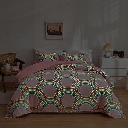 Feelyou Rainbow Glow in The Dark Comforter Set for Girls Kids Full Pink Rainbow Bedding Set Super Soft Colorful Stripe Mermaid Scales Comforter Baby Girl Bedroom Pink Decor Bedding Quilted Duvet