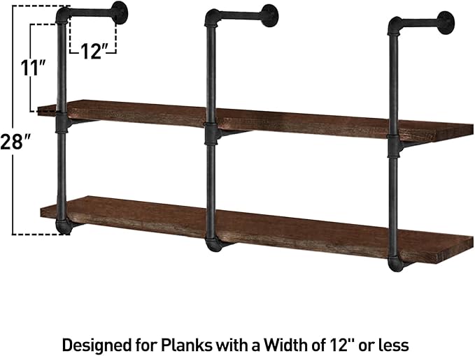 HITOMEN Industrial Iron Pipe Shelves, 3 Set 3-Tier, 28" Tall, 12" Depth, DIY Open Bookshelf Bookcase, Wall Mounted Vintage Retro Shelving, Rustic Farmhouse Pantry Kitchen Storage, Black Shelf Brackets