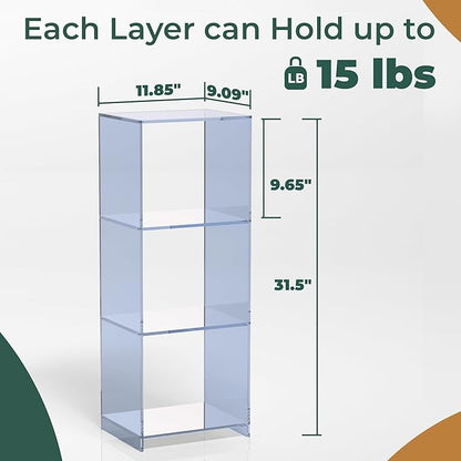 Acrylic Bookcase, 3 Tier Clear Floor Standing Bookshelf, 31.5 inch Tall Display Cube Storage Shelf Home Decor Furniture for Home, Office, Living Room, Bedroom - Transparent Blue