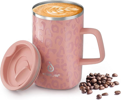 Ideus 16 oz Insulated Stainless Steel Coffee Mug with Lid, Leopard Pink | Perfect for home, office, or daily use| Easy to clean wide mouth| Sweat-proof| On the go