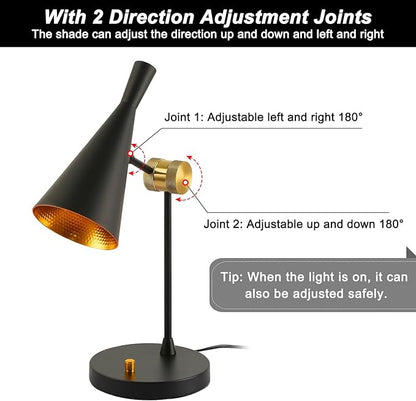 Vintage Industrial Table Lamp For bedroom, Adjustable Dimmable Desk Lamp, Brass Inner Shade Metal Table Lamp for Study, Home Office, Bedside, Nightstand, Reading Lamp Modern Mid-century, Black
