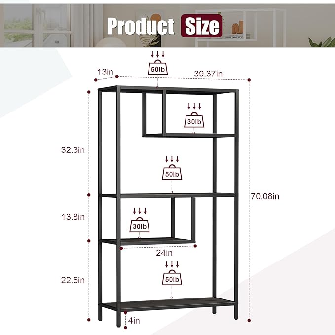 HOME BI Geometric Bookshelf, Tall Modern Etagere Bookcase, Industrial Metal Book Shelf with 5 Open Display Shelves for Office Living Room, Black