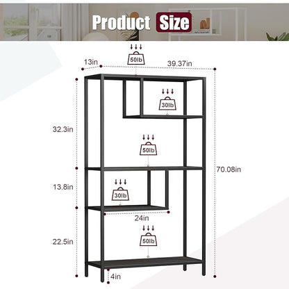 HOME BI Geometric Bookshelf, Tall Modern Etagere Bookcase, Industrial Metal Book Shelf with 5 Open Display Shelves for Office Living Room, Black