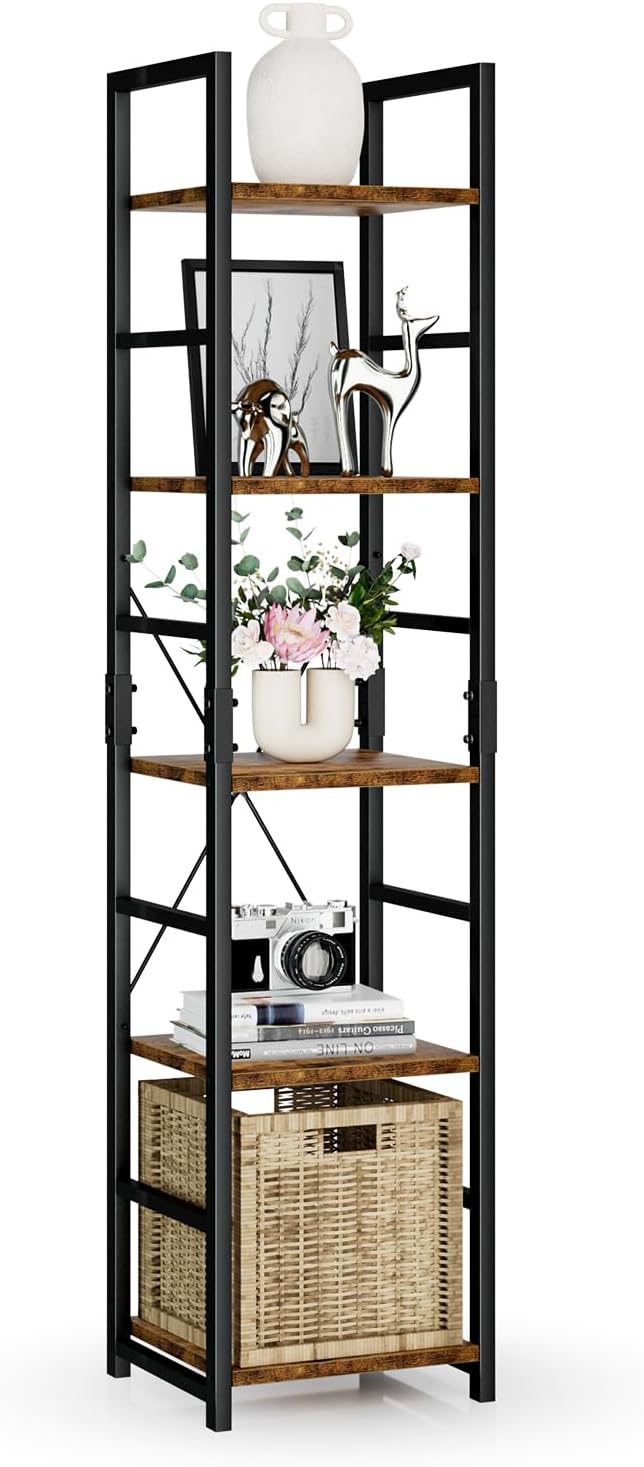 NUMENN 5 Tier Slim Bookshelf, Tall Bookcase Shelf Storage Organizer, Modern Book Shelf for Bedroom, Living Room and Home Office, Vintage