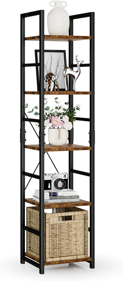 NUMENN 5 Tier Slim Bookshelf, Tall Bookcase Shelf Storage Organizer, Modern Book Shelf for Bedroom, Living Room and Home Office, Vintage