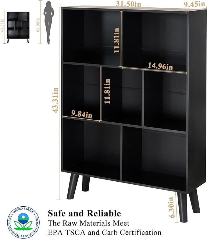 YAHARBO Black Bookshelf,3 Tier Modern Bookcase with Legs,Bookshelves Wood Storage Shelf, Open Book Shelves Cube Organizer,Freestanding Short Bookcases