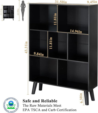 YAHARBO Black Bookshelf,3 Tier Modern Bookcase with Legs,Bookshelves Wood Storage Shelf, Open Book Shelves Cube Organizer,Freestanding Short Bookcases