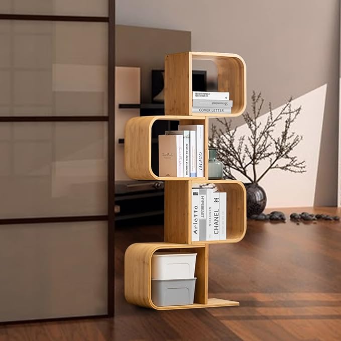 4-Tier S-Shaped Geometric Modern Bamboo Bookshelf, Large Capacity Creative Display Curved Rack Free-standing Bedside Table 2 in 1 Bookcase Storage CDs, DVDs Book Shelf for Home, Office, Living Room
