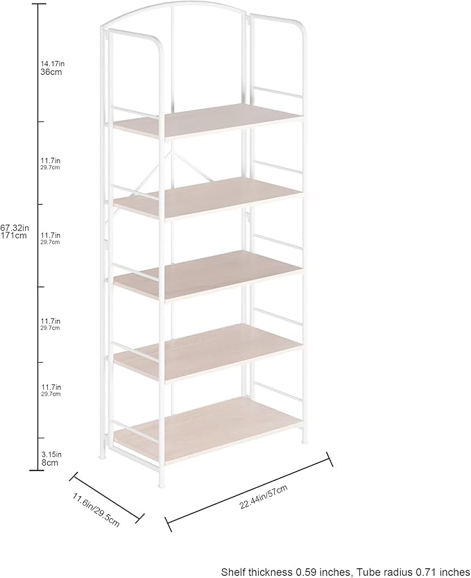 No Assembly Folding Bookshelf, Metal Book Shelf for Storage, Folding Bookcase for Office Organization and Storage (White, 5 Tiers)