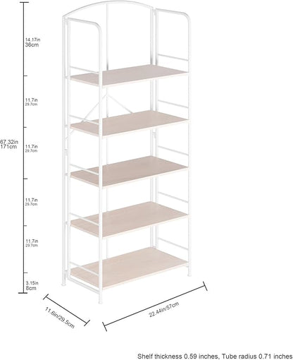 No Assembly Folding Bookshelf, Metal Book Shelf for Storage, Folding Bookcase for Office Organization and Storage (White, 5 Tiers)