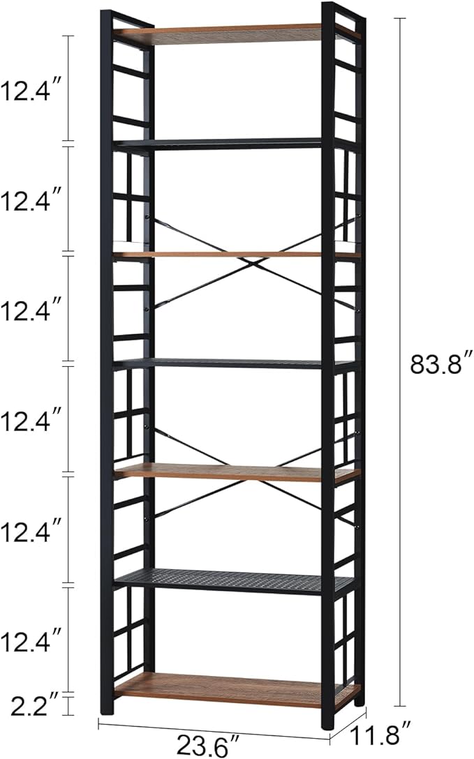 HOMBAZAAR Bookshelf,7 Tier Tall Bookshelf with Metal Frame,Open Bookshelves and Bookcases,Industrial Book Shelf for Living Room,Home Office and Bedroom,Rustic Brown