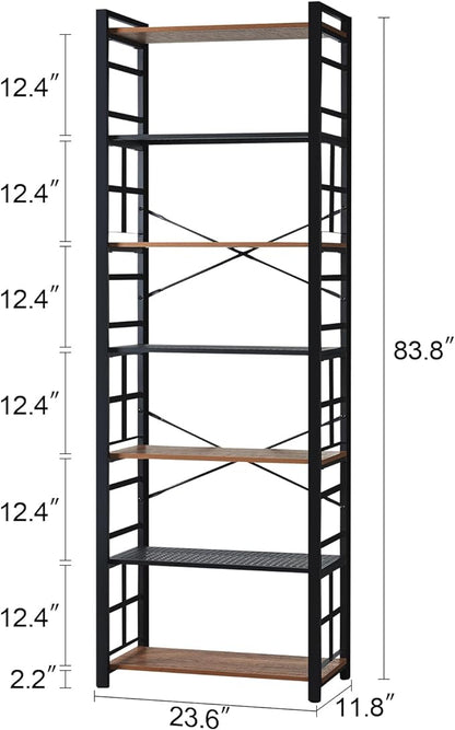 HOMBAZAAR Bookshelf,7 Tier Tall Bookshelf with Metal Frame,Open Bookshelves and Bookcases,Industrial Book Shelf for Living Room,Home Office and Bedroom,Rustic Brown
