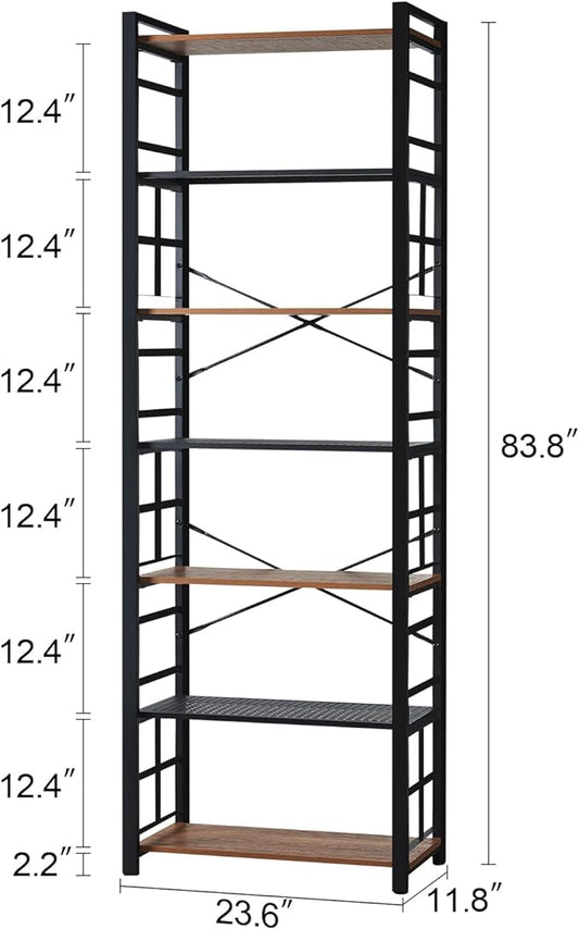 HOMBAZAAR Bookshelf,7 Tier Tall Bookshelf with Metal Frame,Open Bookshelves and Bookcases,Industrial Book Shelf for Living Room,Home Office and Bedroom,Rustic Brown
