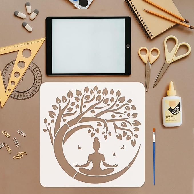 FINGERINSPIRE Tree of Life Stencil with a Paint Brush 11.8x11.8Inch Reusable Yoga Practitioner Stencil PET Birds Yoga Decoration Template Plant Theme Template for Wood Wall Floor Furniture