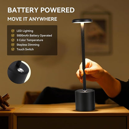 Rechargeable LED Wireless Touch Desk Lamps Set of 2, 5000mAh Battery Operated Lamp, 3 Color Modes with Memory Function and Stepless Dimming Desk Lamp for Restaurant/Bedroom/Terrace (Black)