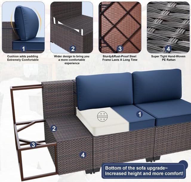 15 PCS Patio Furniture Set with Fire Pit Table Outdoor Sectional Furniture Outdoor Rattan Patio Sofa Conversation Sets with 43in 55,000 BTU Propane Gas Fire Pit Table, Navy Blue