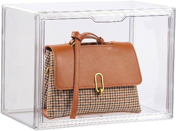 FABROK Clear Book Storage Organizer Box, Plastic Stackable Book Display Case with Magnetic Door, Assemble Storage Showcase for Toy Dolls, Books, Handbags, Shoes Organizing