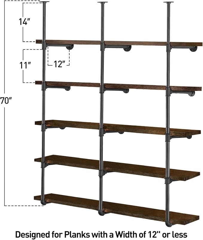 HITOMEN Industrial Iron Pipe Shelves, 3 Set 5-Tier, 70" Tall, 12" Depth, DIY Open Bookshelf Bookcase, Wall Mounted Vintage Retro Shelving, Rustic Farmhouse Pantry Kitchen Storage, Black Shelf Brackets