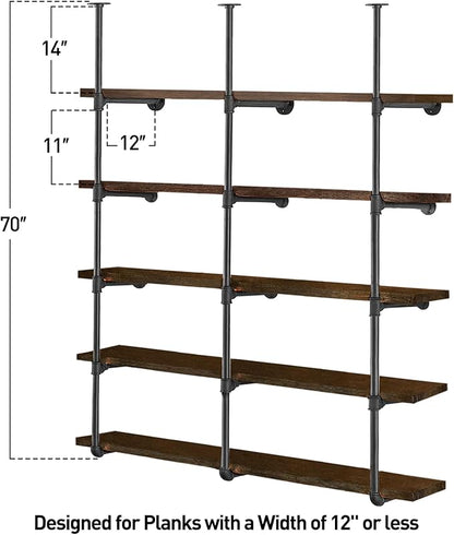 HITOMEN Industrial Iron Pipe Shelves, 3 Set 5-Tier, 70" Tall, 12" Depth, DIY Open Bookshelf Bookcase, Wall Mounted Vintage Retro Shelving, Rustic Farmhouse Pantry Kitchen Storage, Black Shelf Brackets