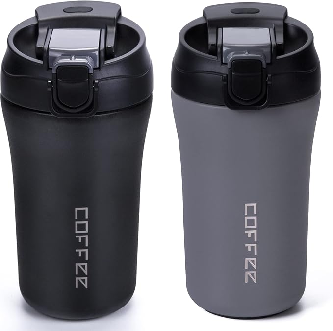 14 oz Travel Coffee Mug, 2 Pack Vacuum Insulated Stainless Steel Tumbler | Spill proof coffee travel mug with lid & straw for hot & cold drinks. Great gift for men & women (Black Grey)